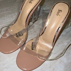 These are SHEIN clear heel sandals with stripes that tide around the ankle.